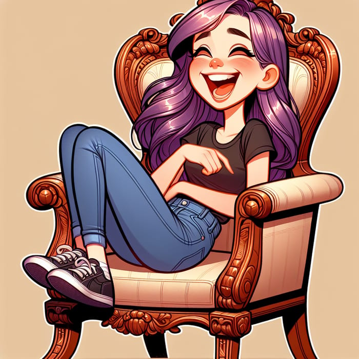 Vibrant Violet-Haired Girl Laughing in Carved Chair
