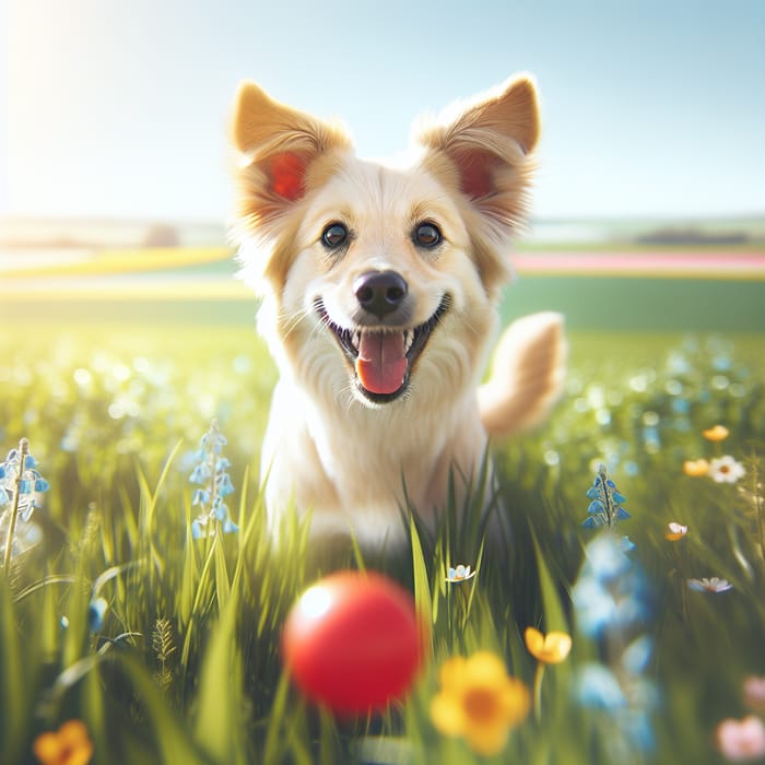 Happy Cream Dog Playing in Vibrant Green Field