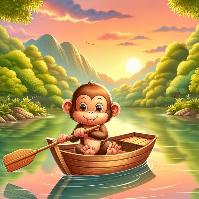 Monkey in Boat | Tranquil Lake Scene
