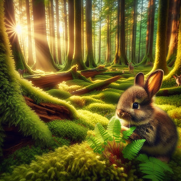Enchanting Forest Encounter: Adorable Bunny Among Mossy Trees
