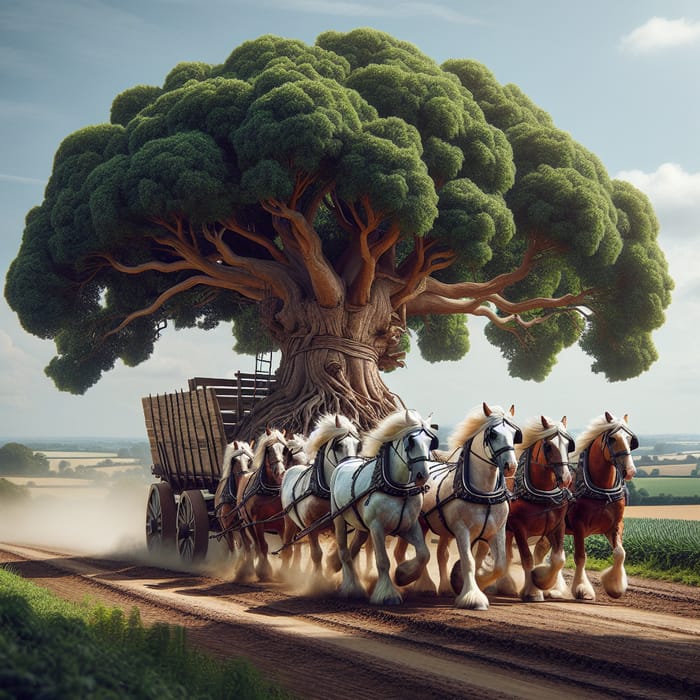 Transporting a Large Tree by Horse-Drawn Cart with Muscular Horses