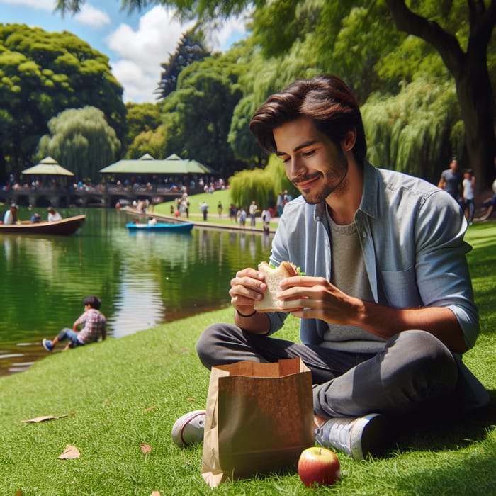 Man Enjoying Lunch by Lake in Busy Park