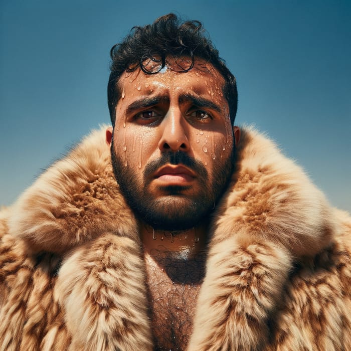 Middle-Eastern Man in Fur Coat Sweating in Sunlight