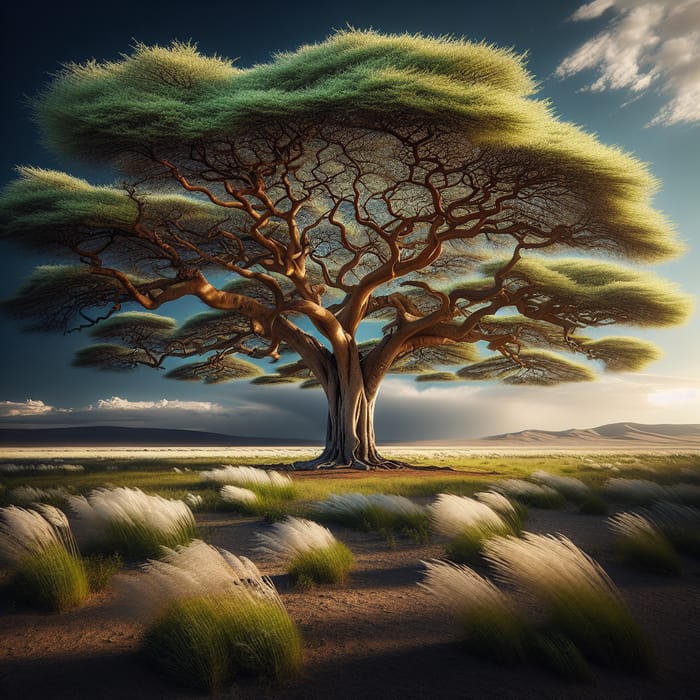 Majestic Acacia Tree in Vast Desert Landscape