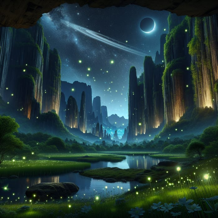 Enchanting Night Landscape: Cliffs, Fireflies, Lake, Saturn