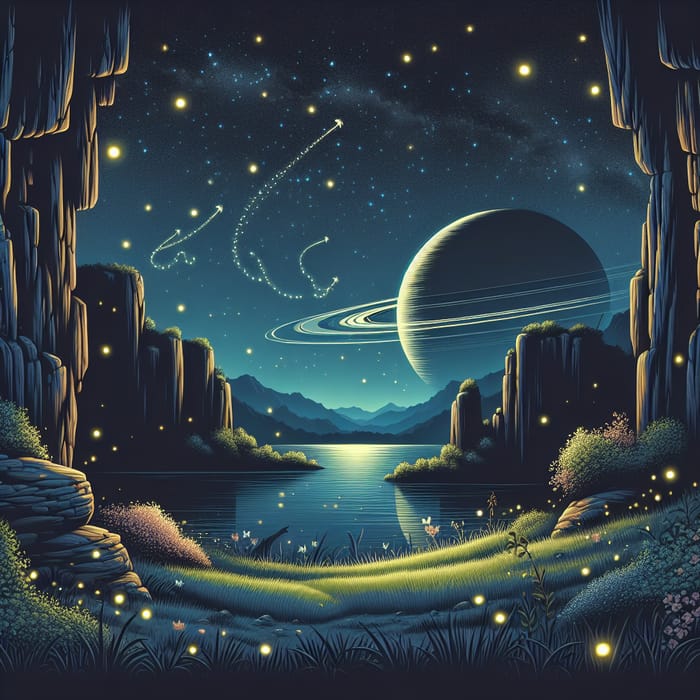 Nighttime Landscape with Cliffs, Fireflies, Lake, and Saturn