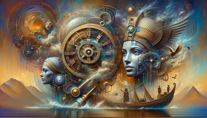 Surreal Clockwork Canvas with Egyptian Motifs and Cyber Features