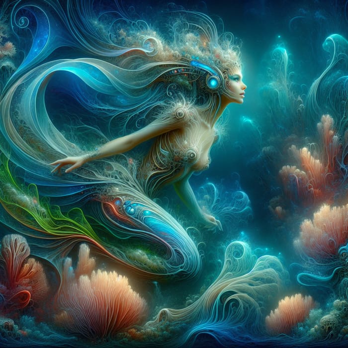 Graceful Mermaid in Ethereal Coral Reef