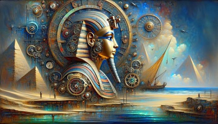 Hyper-Realistic Artwork Inspired by Tutankhamun in Clockwork Egypt