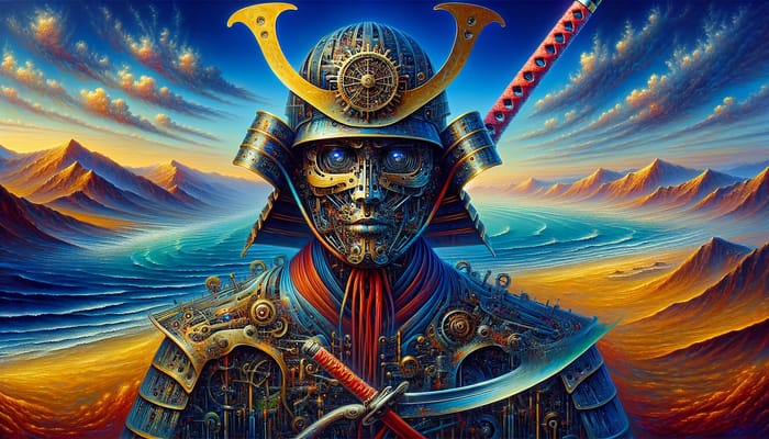 Clockwork Samurai Painting with Colorful Cyber Features