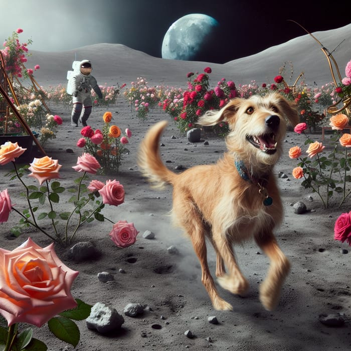 Dog Running in Moon Rose Garden: Companion Awaits Astronaut