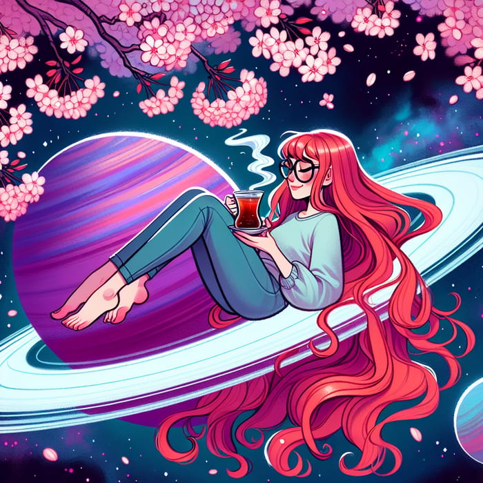 Serene Red Haired Girl Enjoys Turkish Tea on Saturn's Ring