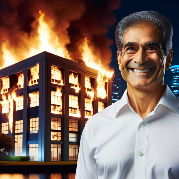 Smiling Man in Front of Burning Bank | VTB Fire Incident