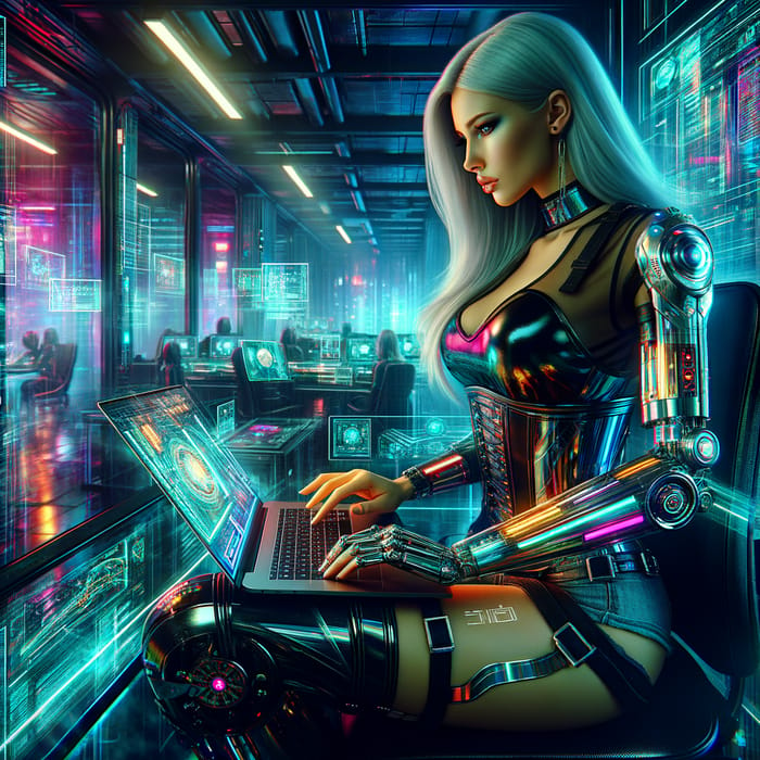 Attractive Cyberpunk Woman Immersed in Futuristic Technology