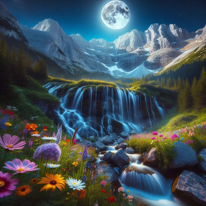 Moonlit Waterfall in Mountains with Flowers | Celestial Beauty