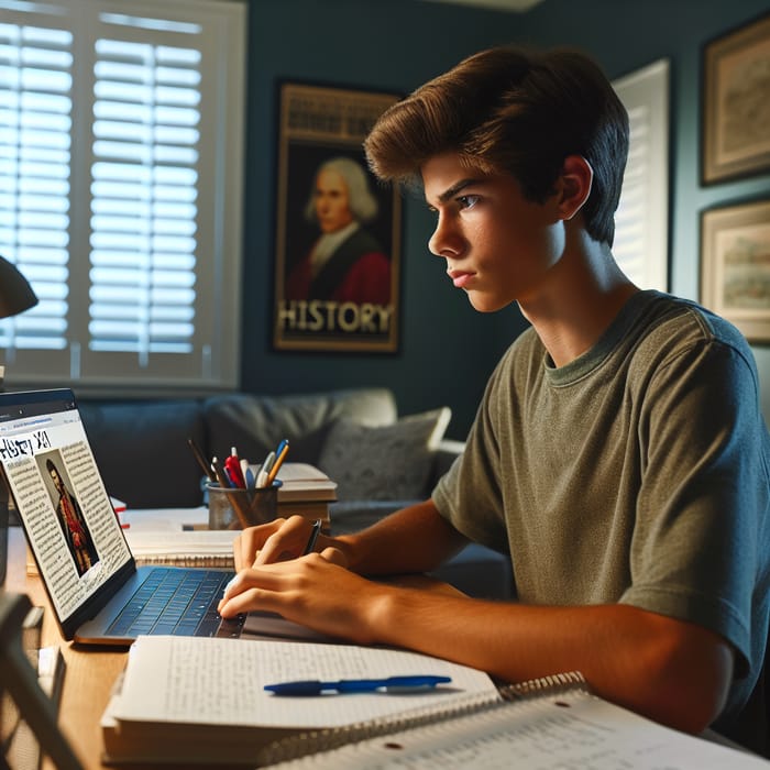 Teenage Boy Studying History XII on Computer Desk