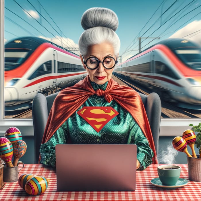 Superhero Grandmother in Superman Costume with Laptop and Maracas at Coffee Table