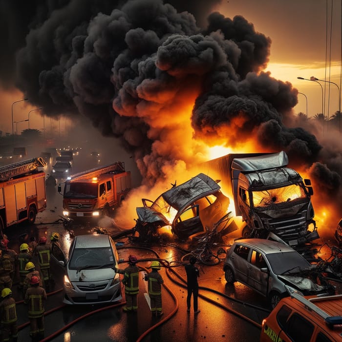 Fiery Car Crash: Dramatic Scene of Fire and Rescue