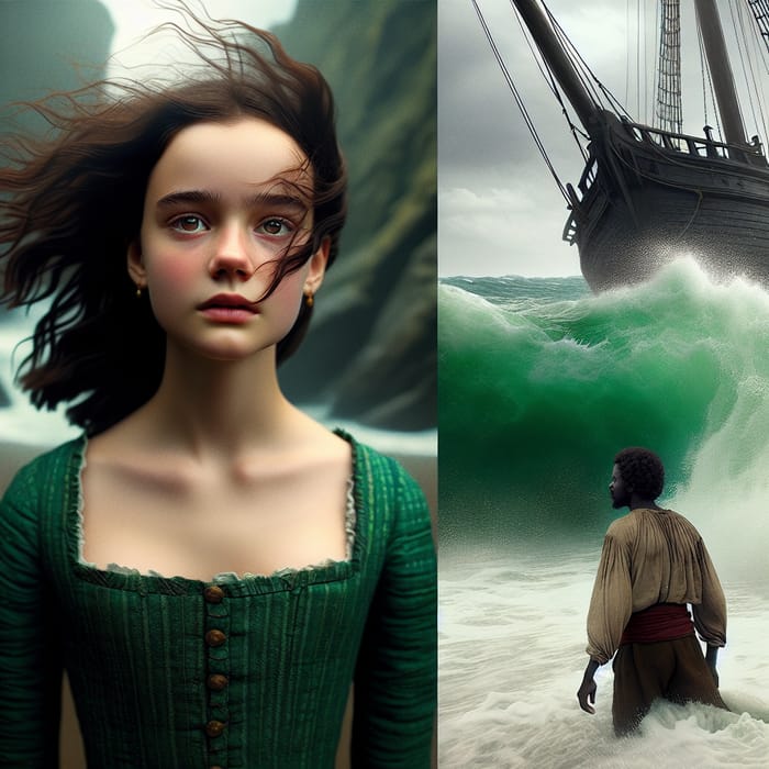 Dark-Skinned Teenage Girl in Green Dress by Sinking Ship