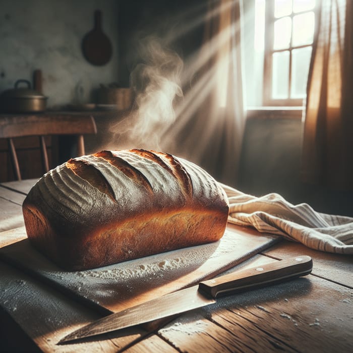 Fragrant Homemade Bread: Golden Loaf in Cozy Kitchen