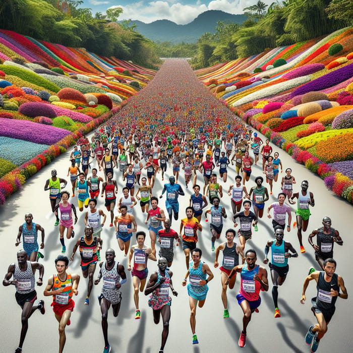 Vibrant Marathon Runners with Colorful Flowers in Scenic Landscape