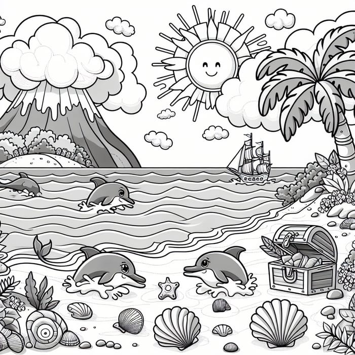 Black and White Island Coloring Page for Kids Ages 6-12