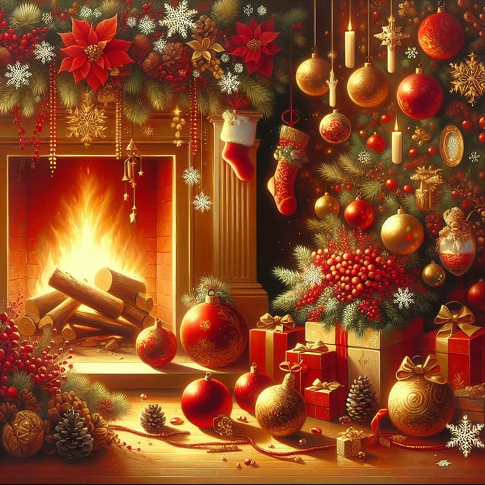 Elegant Christmas Painting with Red and Gold Colors