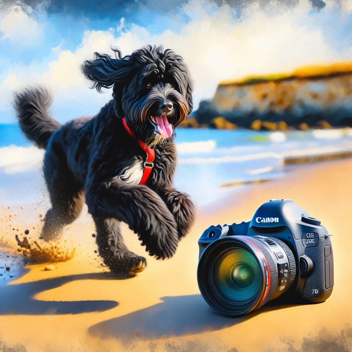 Vibrant Portuguese Water Dog Running on Sandy Beach, Canon EOS 5D Mark IV