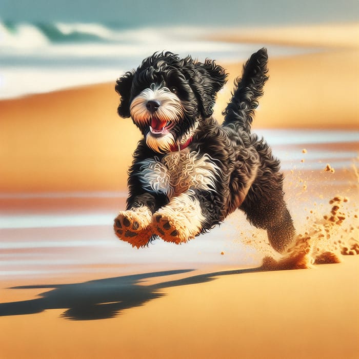 Vibrant Portuguese Water Dog Running on Sandy Beach