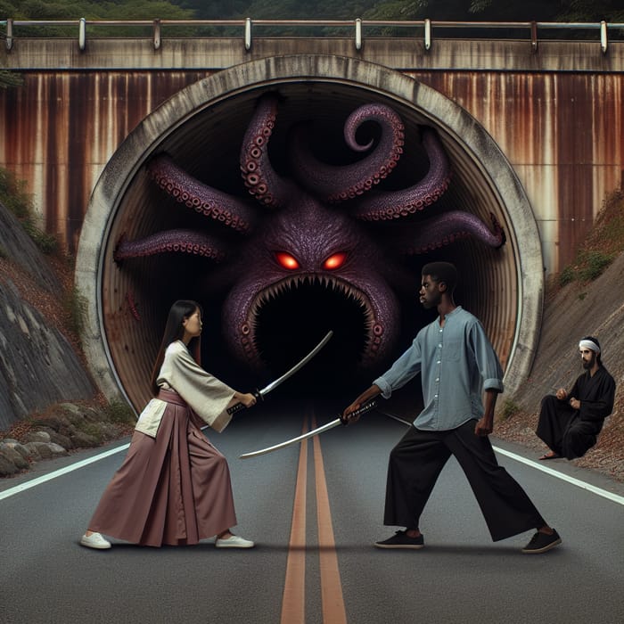 Intense Samurai Duel in Tunnel with Terrifying Octopus