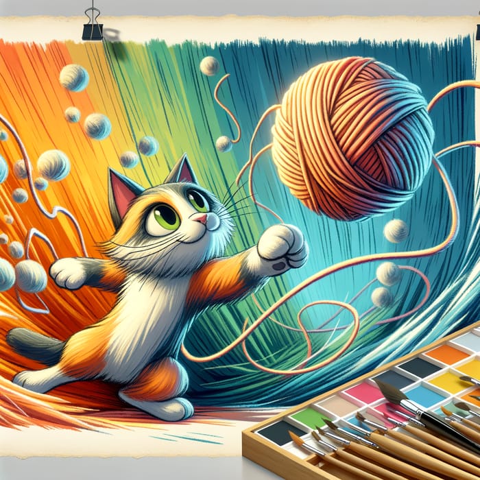 Whimsical Mischievous Cat and Yarn Cartoon by Chuck Jones Style