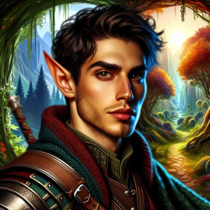 Male Woodland Elf of Middle Eastern Descent | Curious Adventurer in Vibrant Forest