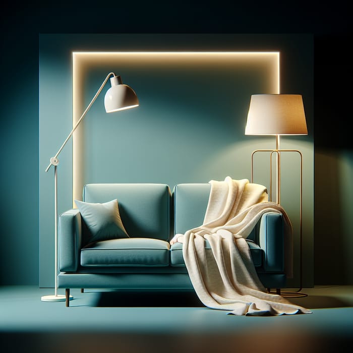 Teal Couch Zoom Background with White Throw and Stylish Lamp