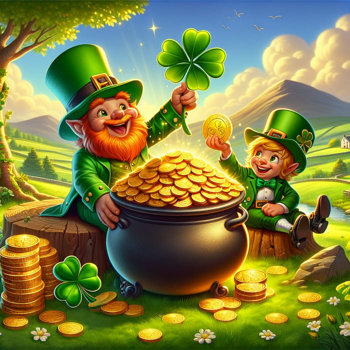 Pot of Gold, Leprechaun & Four Leaf Clover - A Scene of Good Luck