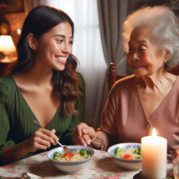 Young Hispanic Woman Dining with Elderly Asian Woman in Green Dress