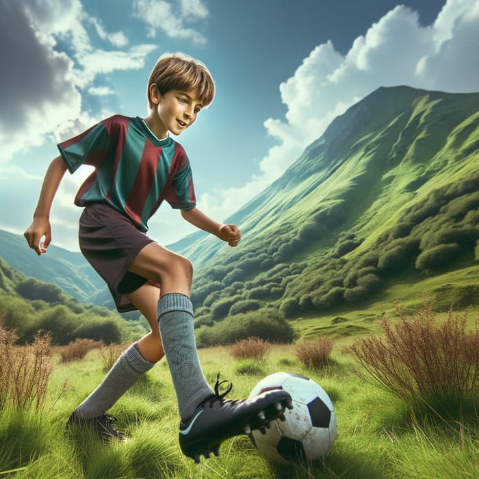 Young Boy Playing Football in Serene Mountain Setting