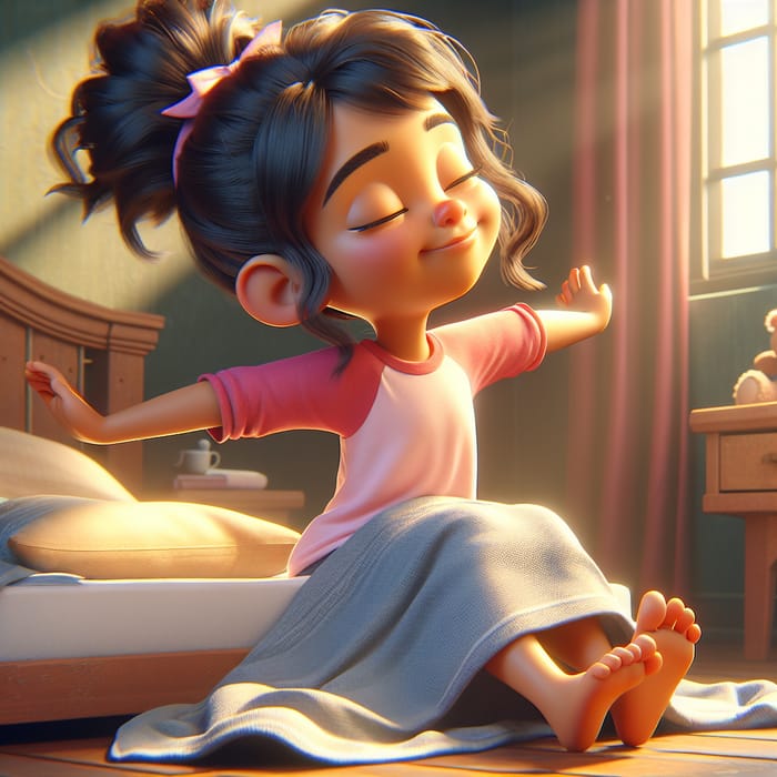 Young Girl Waking Up in Cozy Bedroom | Pixar Style Illustration