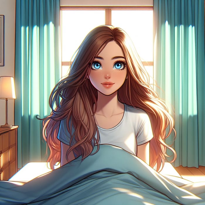Whimsical Modern Animated Style Room with Young Woman in Bed