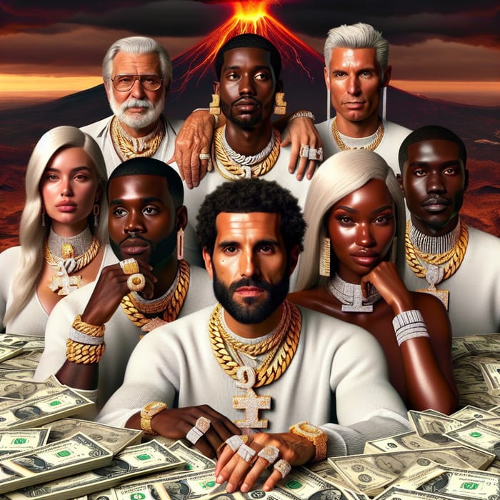 Hyperrealistic Image of Eight Men and Women with Gold and Diamonds