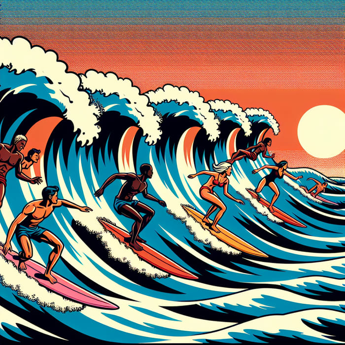 Diverse Surfers Riding Giant Wave in Pop Art Style