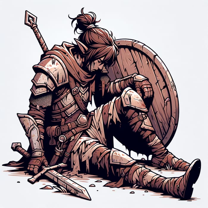 Tired and Injured MMORPG Character with Shield on Ground