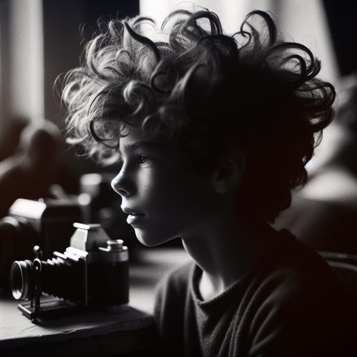 Captivating Vintage-Style Photo of Young Boy with Wild Curly Hair