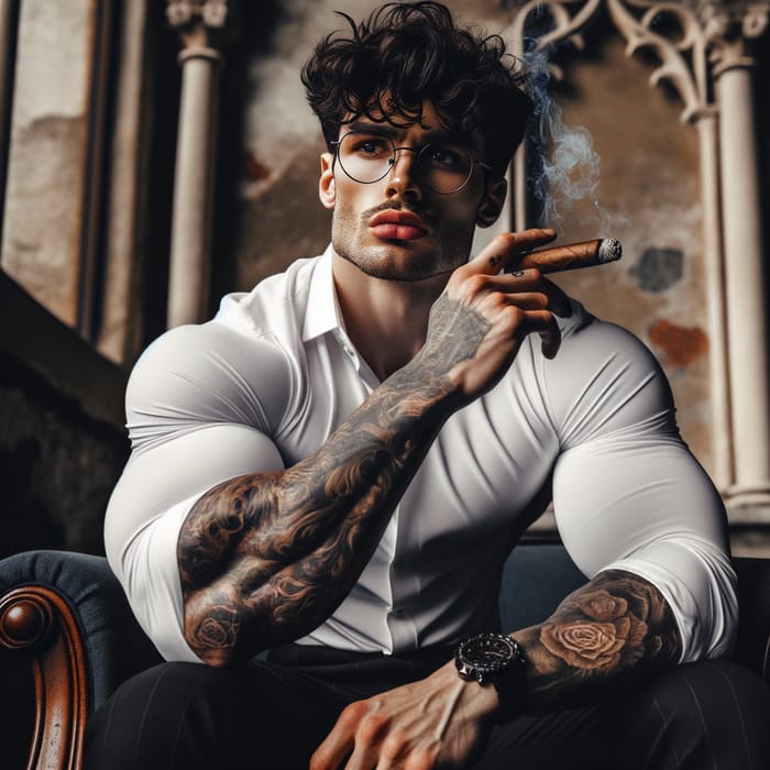 Muscular Man with Curly Black Hair and Piercing Gaze Smoking in Mansion