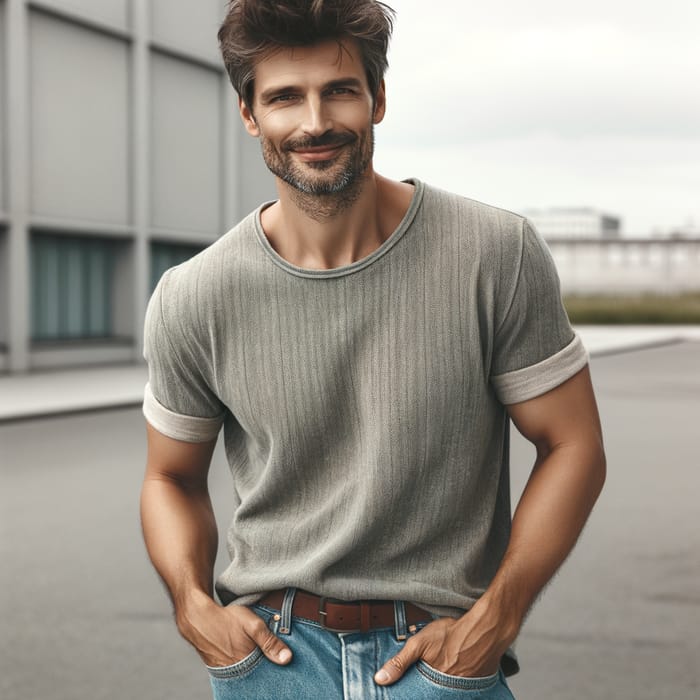 Charismatic Smiling Man in Casual Urban Pose
