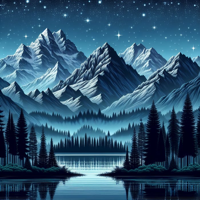 Enchanting Mountain Panorama with Starlit Sky, Lake, and Forest