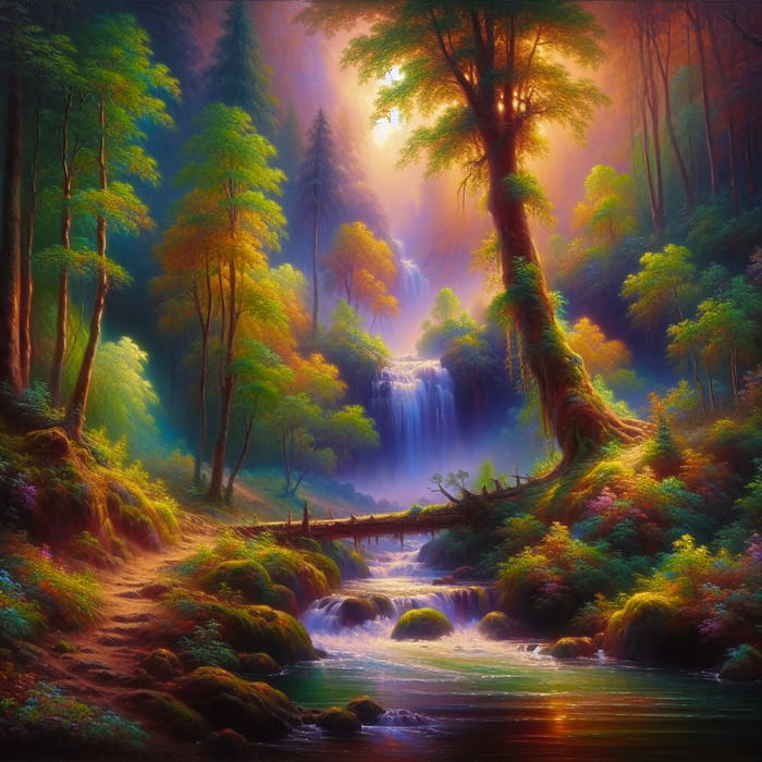 Mystical Forest with Hidden Waterfall - Vibrant Nature Art and Dreamlike Serenity