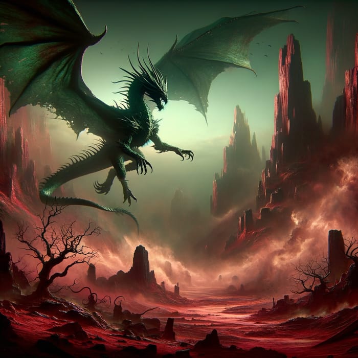 Emerald Dragon Flying Over Hellish Terrain