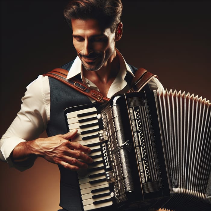 Charismatic Man Playing Accordion with Style | Musical Charm for Women in Their 40s-50s