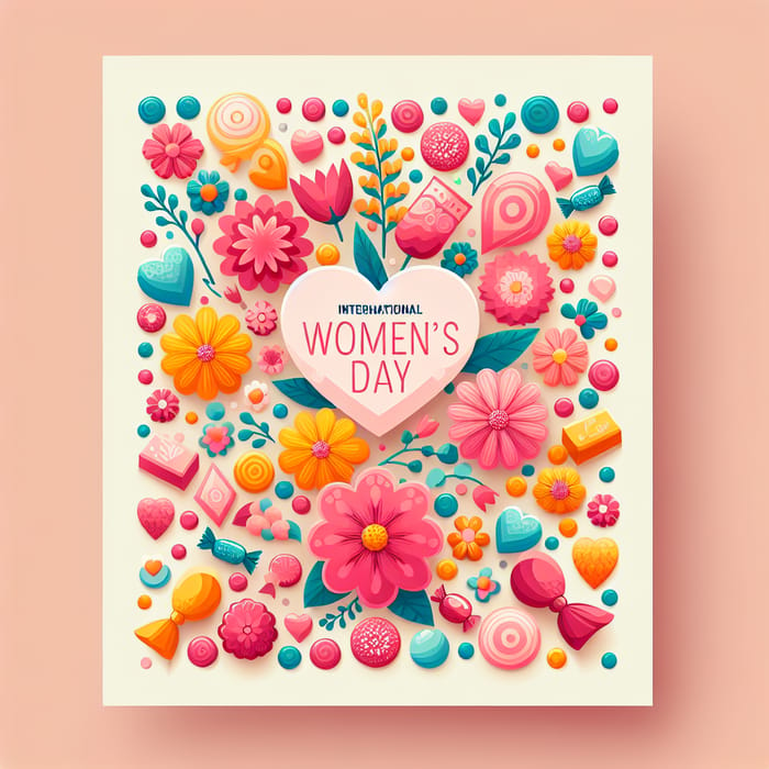 International Women's Day Postcard Design | Colorful Flowers, Love Symbols & Candies