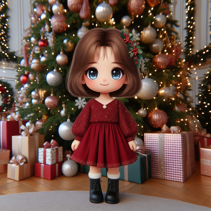 Festive Girl in Red Dress by Christmas Tree with Blue Eyes | AI Art ...